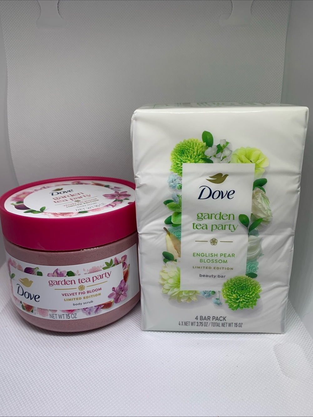 Garden Tea Party Bath Set with English Pear Blossom soap bars and body scrub